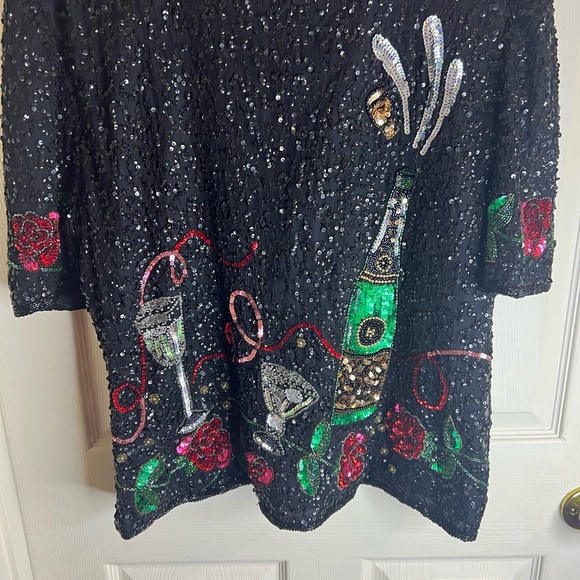 Vintage Laurence Kazar silk sequin & beaded top XL-XXL - Picture 1 of 9